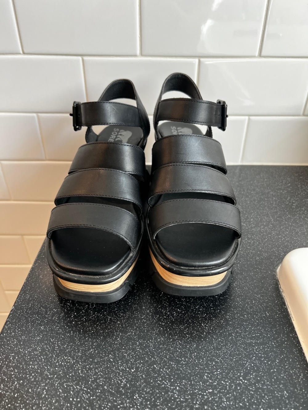 Sorel Black Strappy Wedge Sandals - Picture 5 of 9